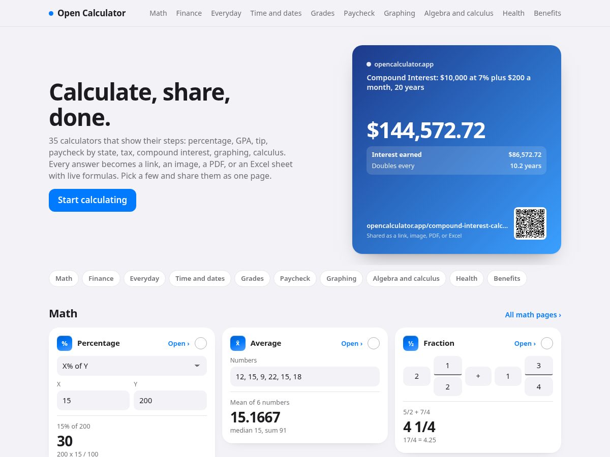 Landing-page snapshot of opencalculator.app