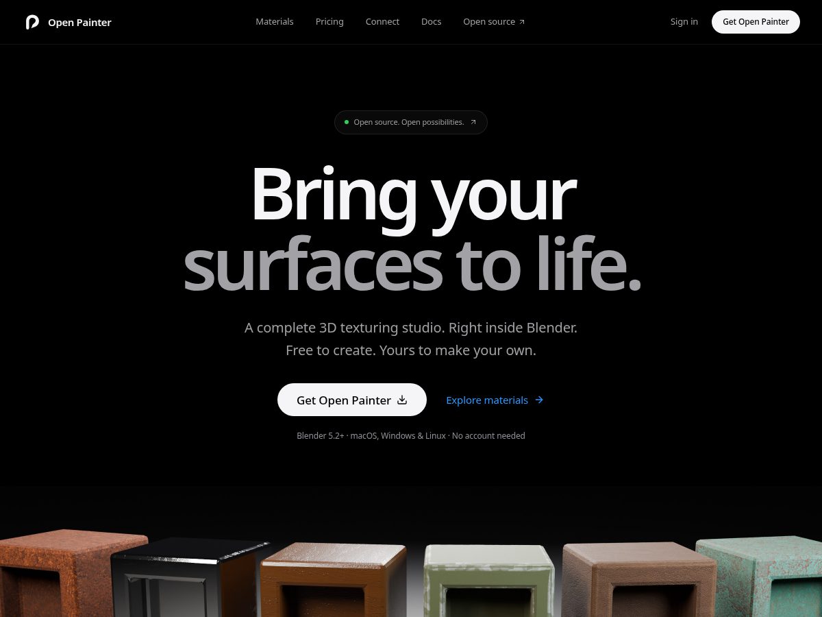 Landing-page snapshot of openpainter.dev