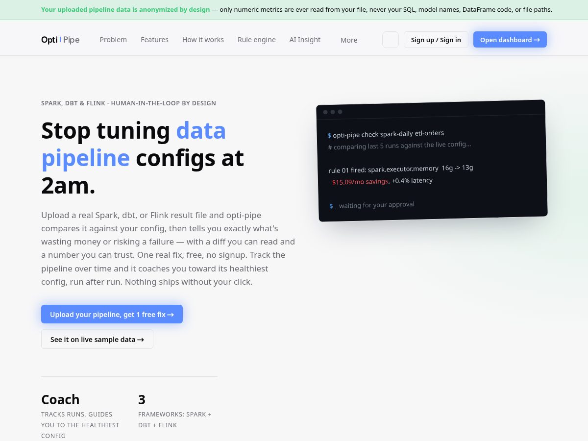 Landing-page snapshot of optipipe.dev