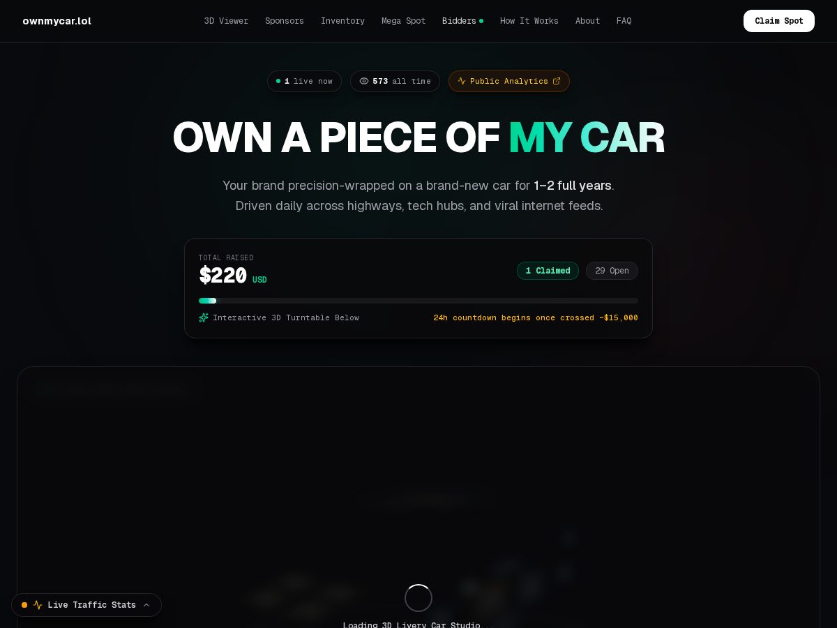 Landing-page snapshot of ownmycar.lol