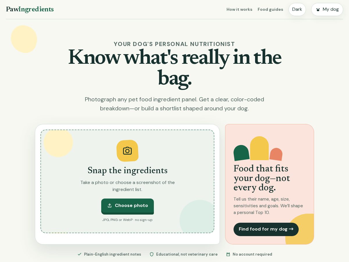 Landing-page snapshot of pawingredients.com