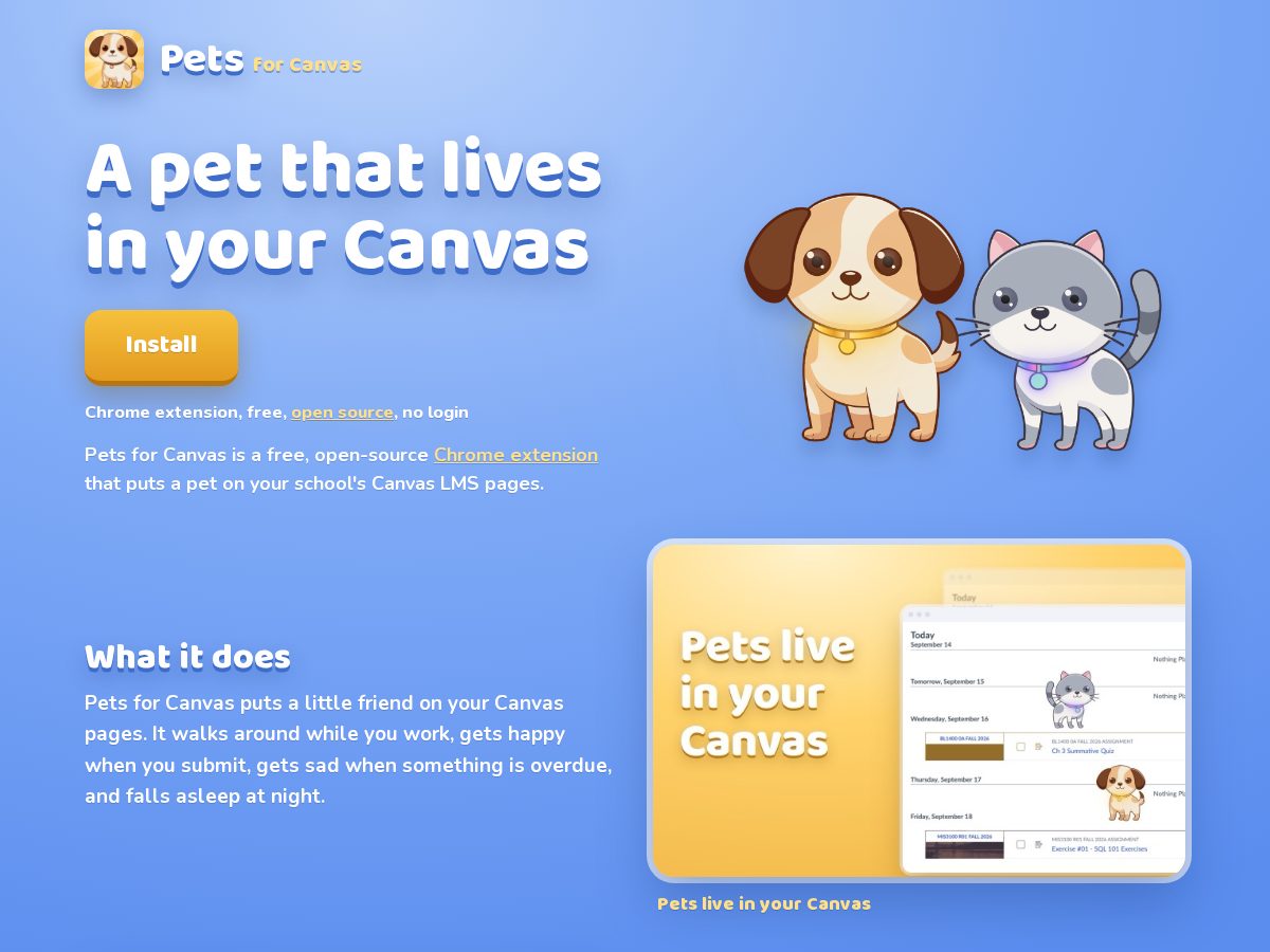 Landing-page snapshot of petsforcanvas.com