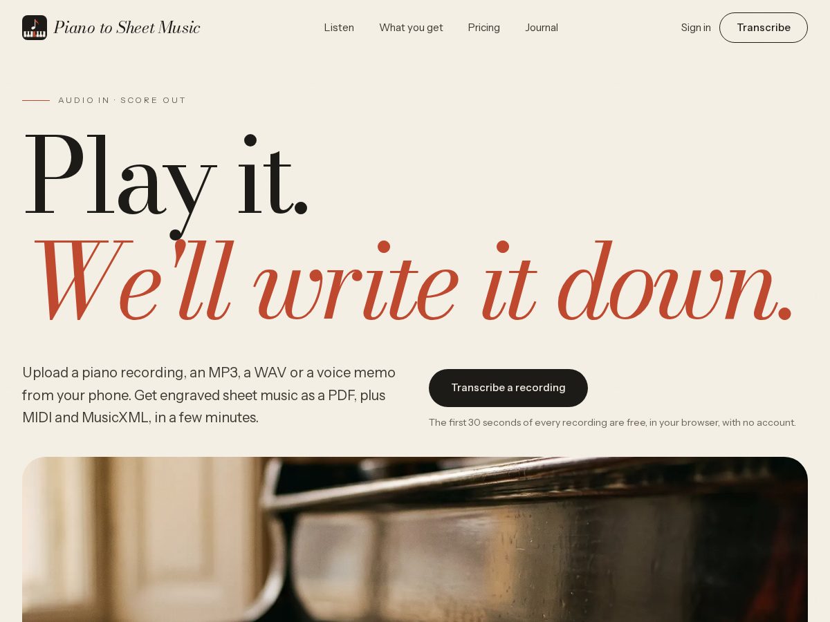 Landing-page snapshot of pianotosheetmusic.com