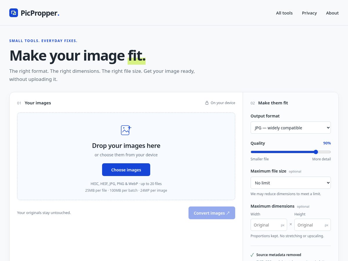 Landing-page snapshot of picpropper.com