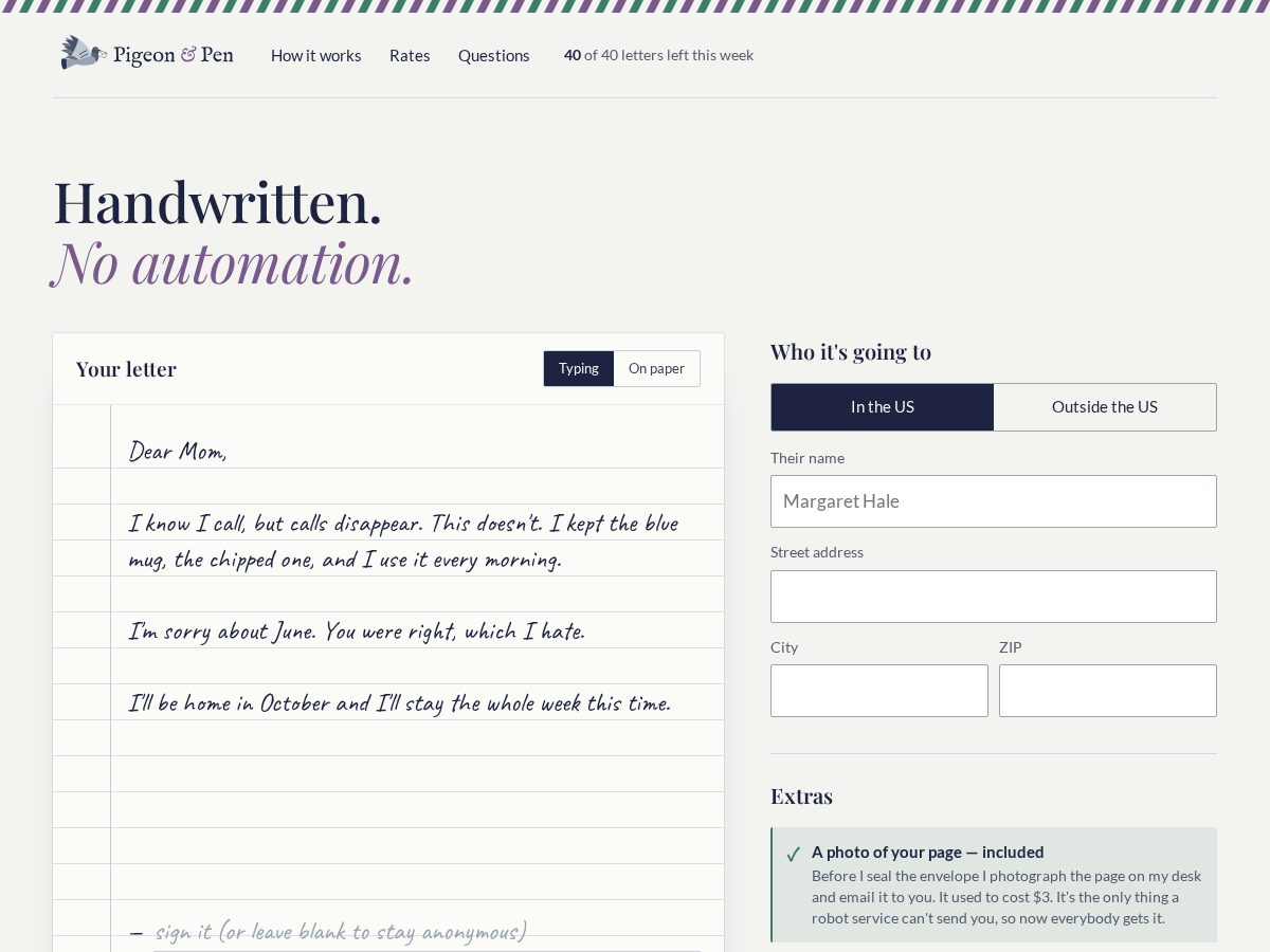 Landing-page snapshot of pigeonandpen.com