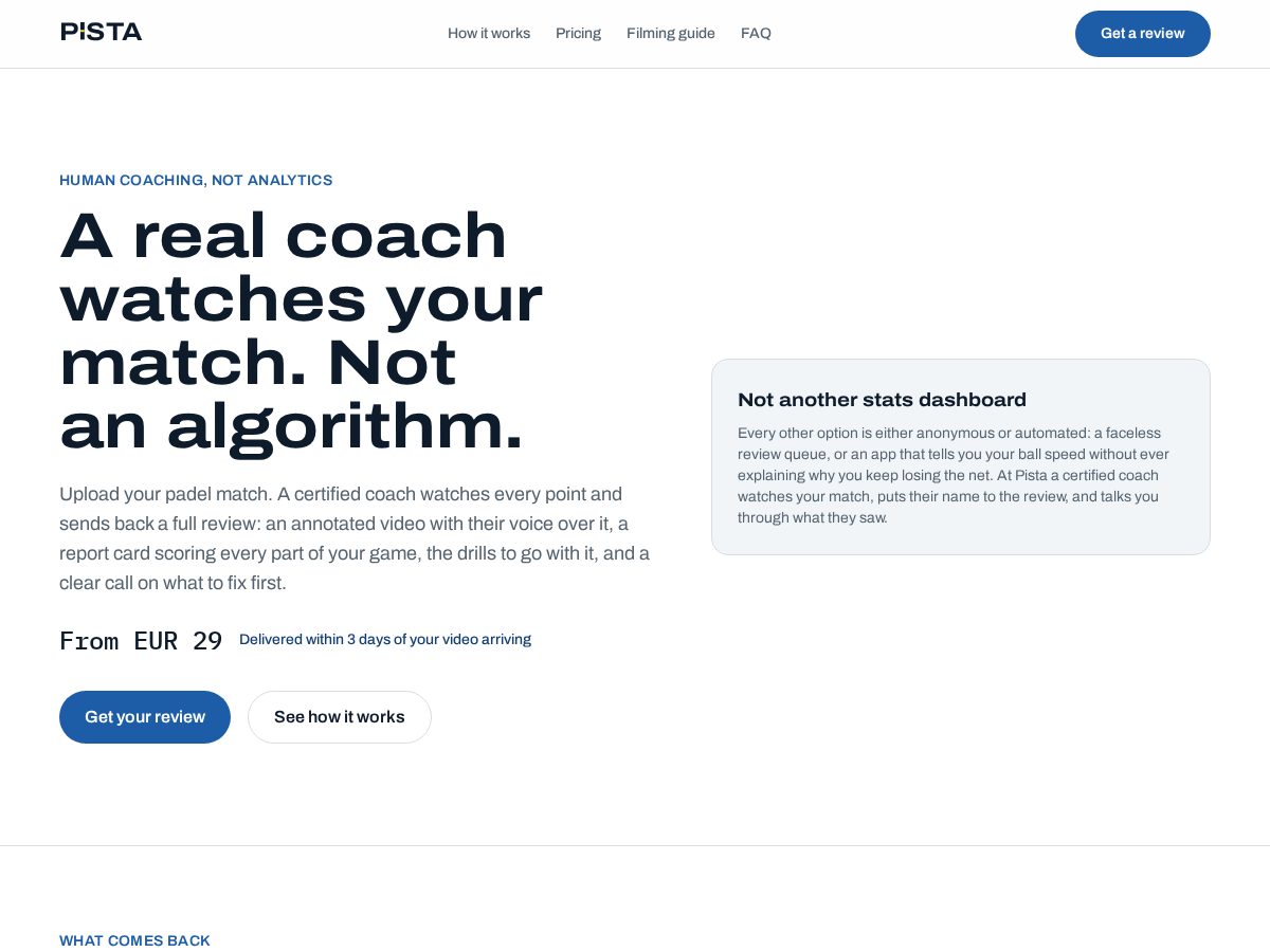 Landing-page snapshot of pista.coach