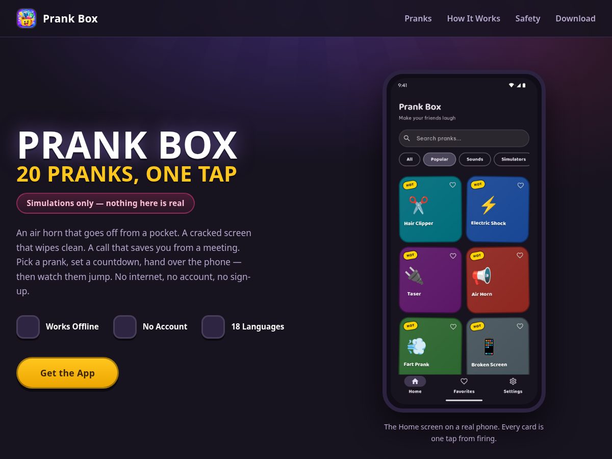 Landing-page snapshot of prankboxapp.com