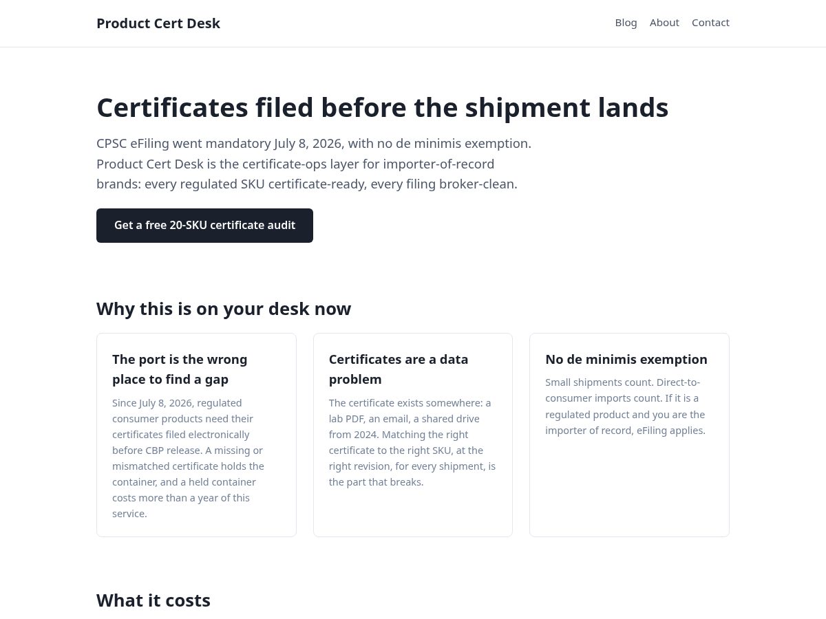 Landing-page snapshot of productcertdesk.com