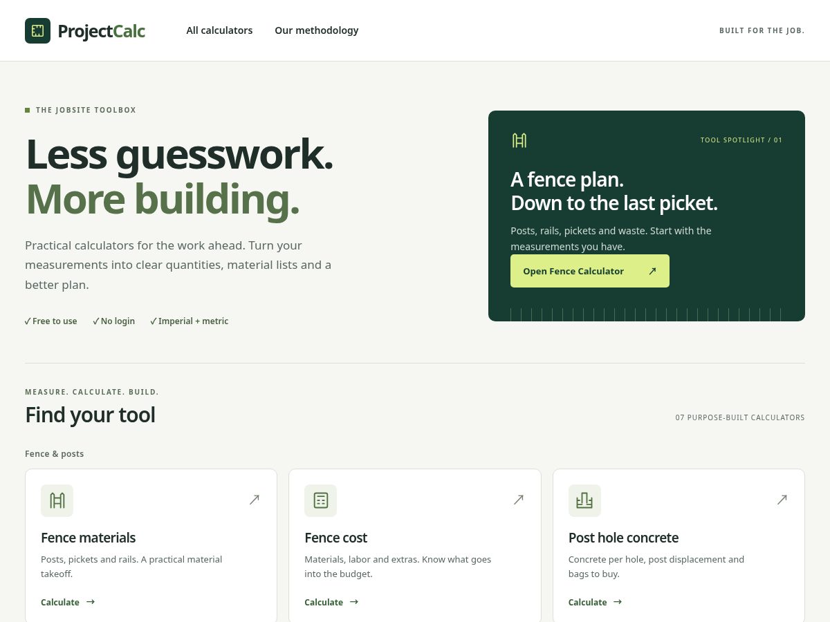 Landing-page snapshot of projectcalctools.com