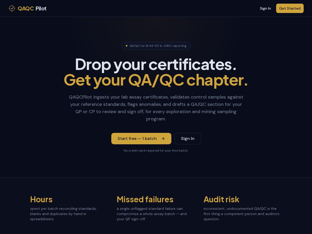 Landing-page snapshot of qaqcpilot.com