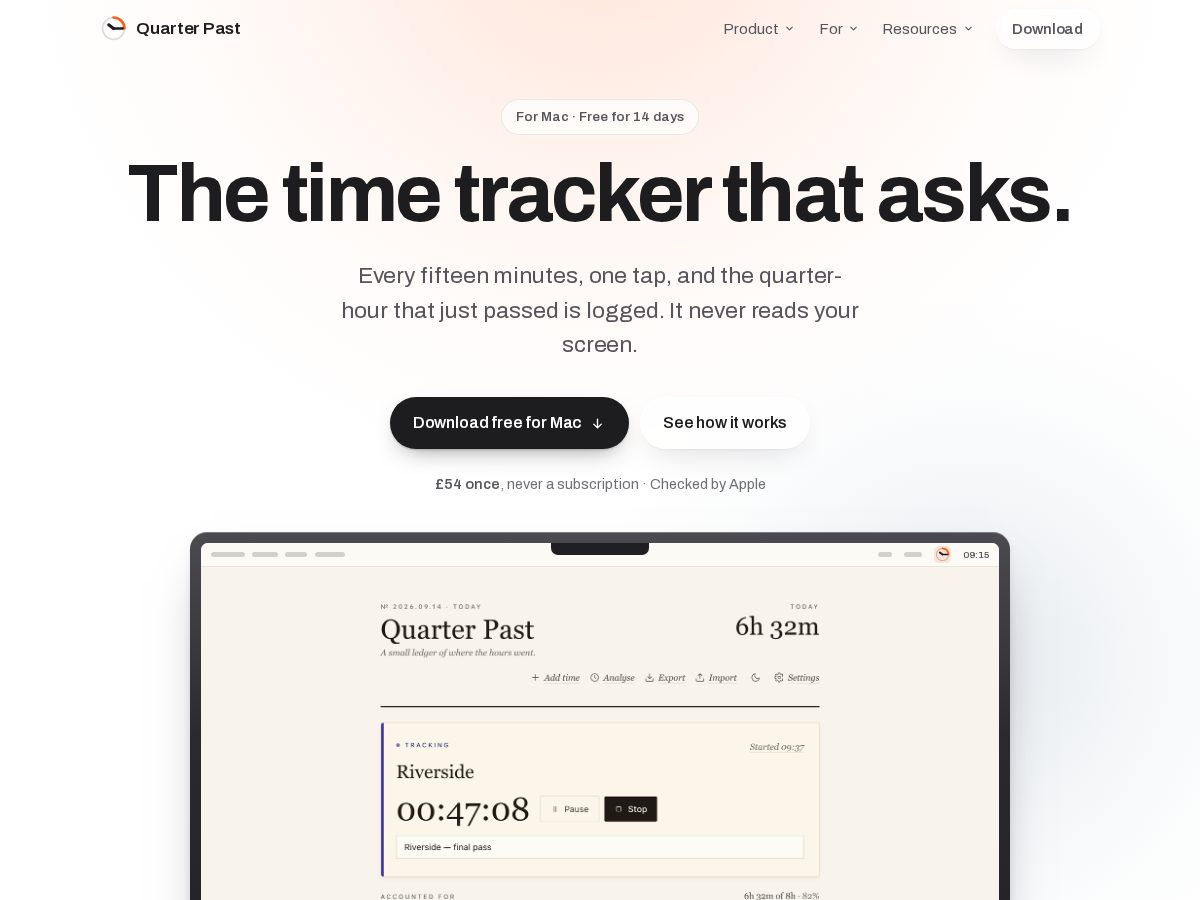 Landing-page snapshot of quarterpast.app