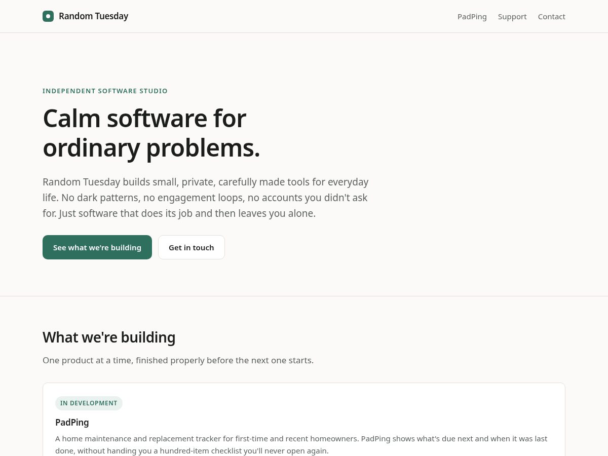 Landing-page snapshot of randomtuesday.app