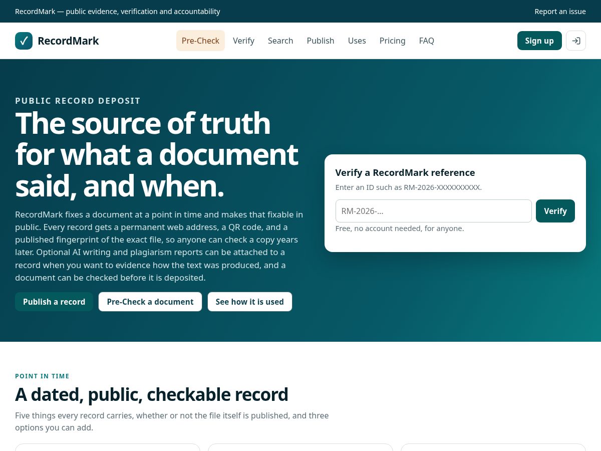 Landing-page snapshot of recordmark.app