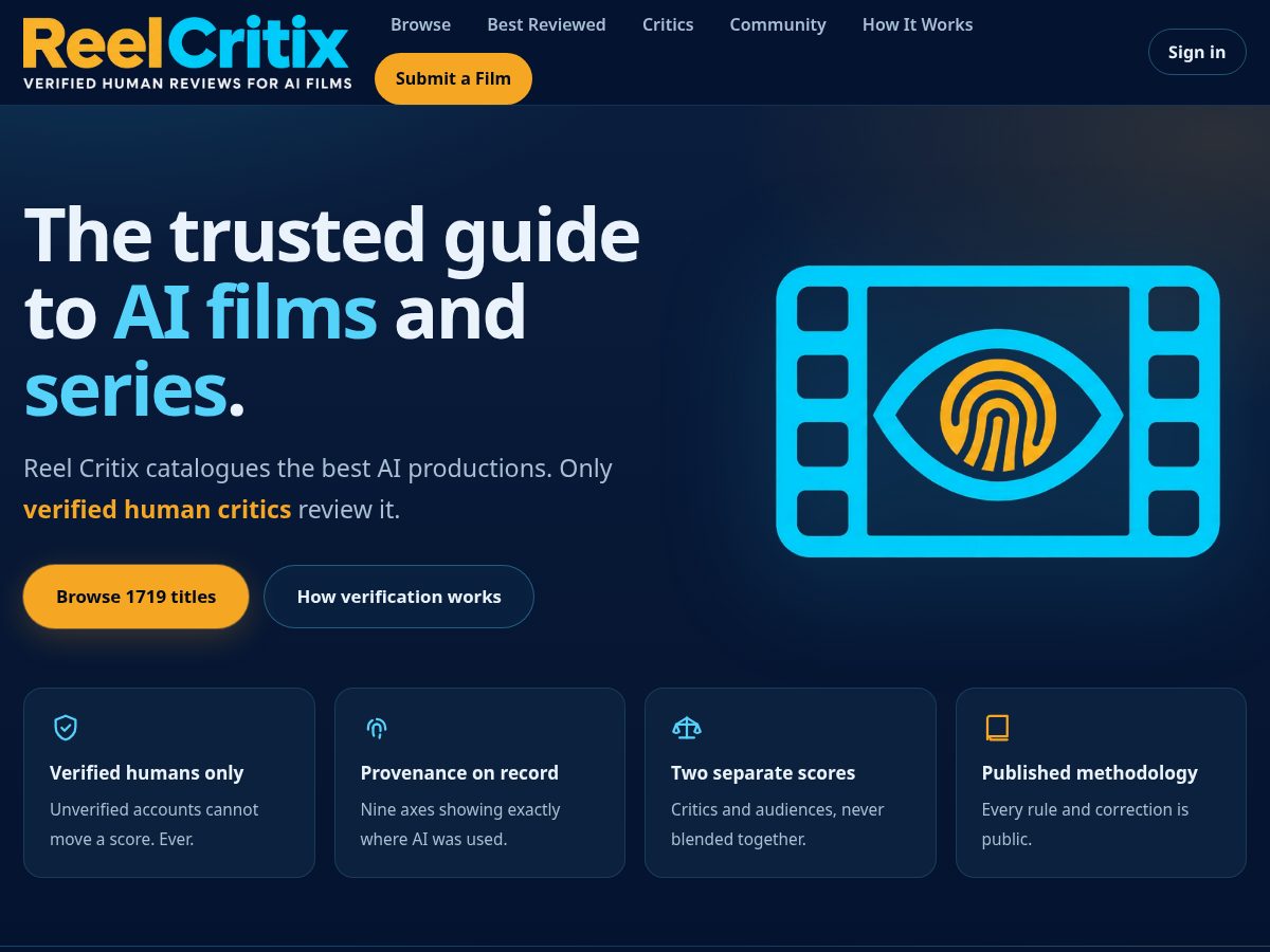 Landing-page snapshot of reelcritix.com