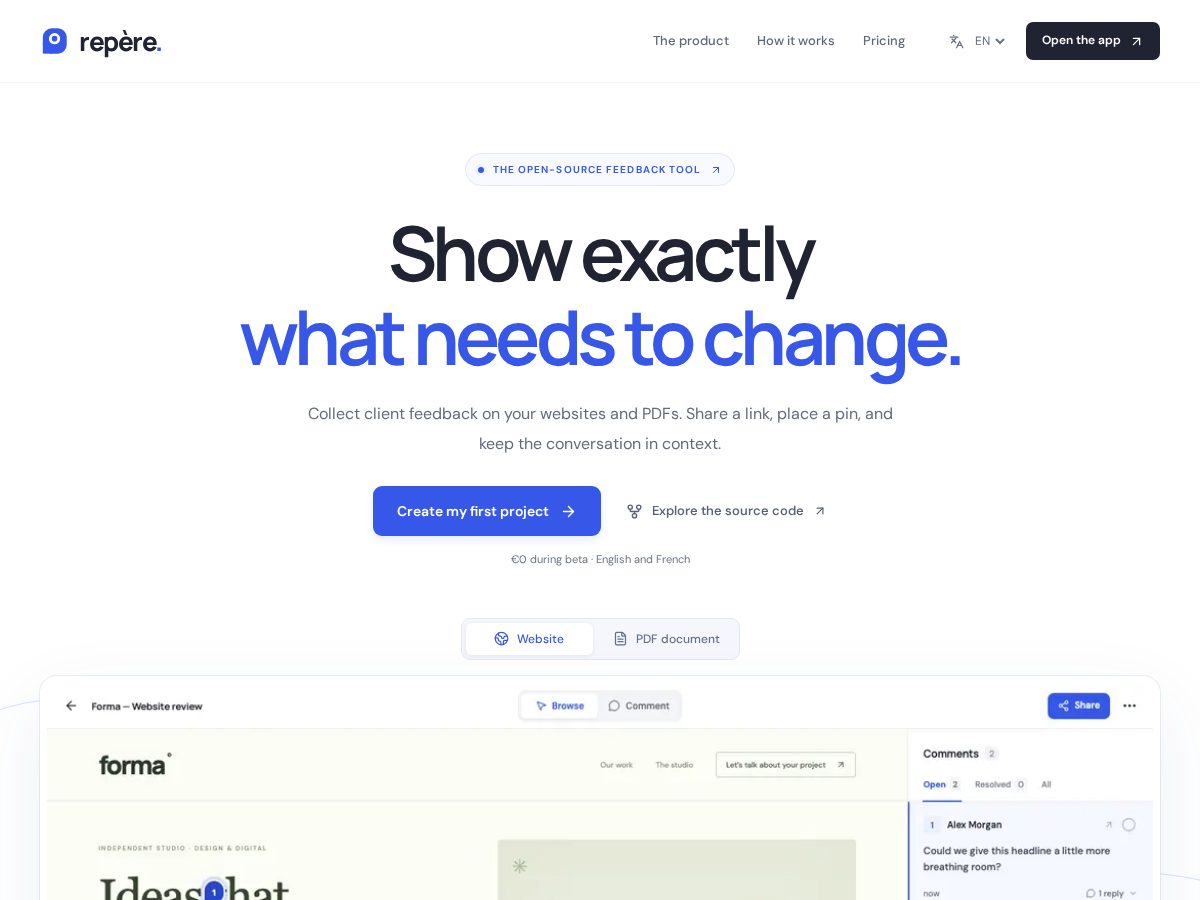 Landing-page snapshot of repere.dev
