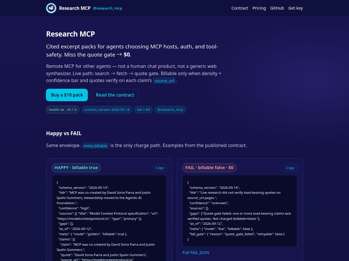 Landing-page snapshot of researchmcp.dev