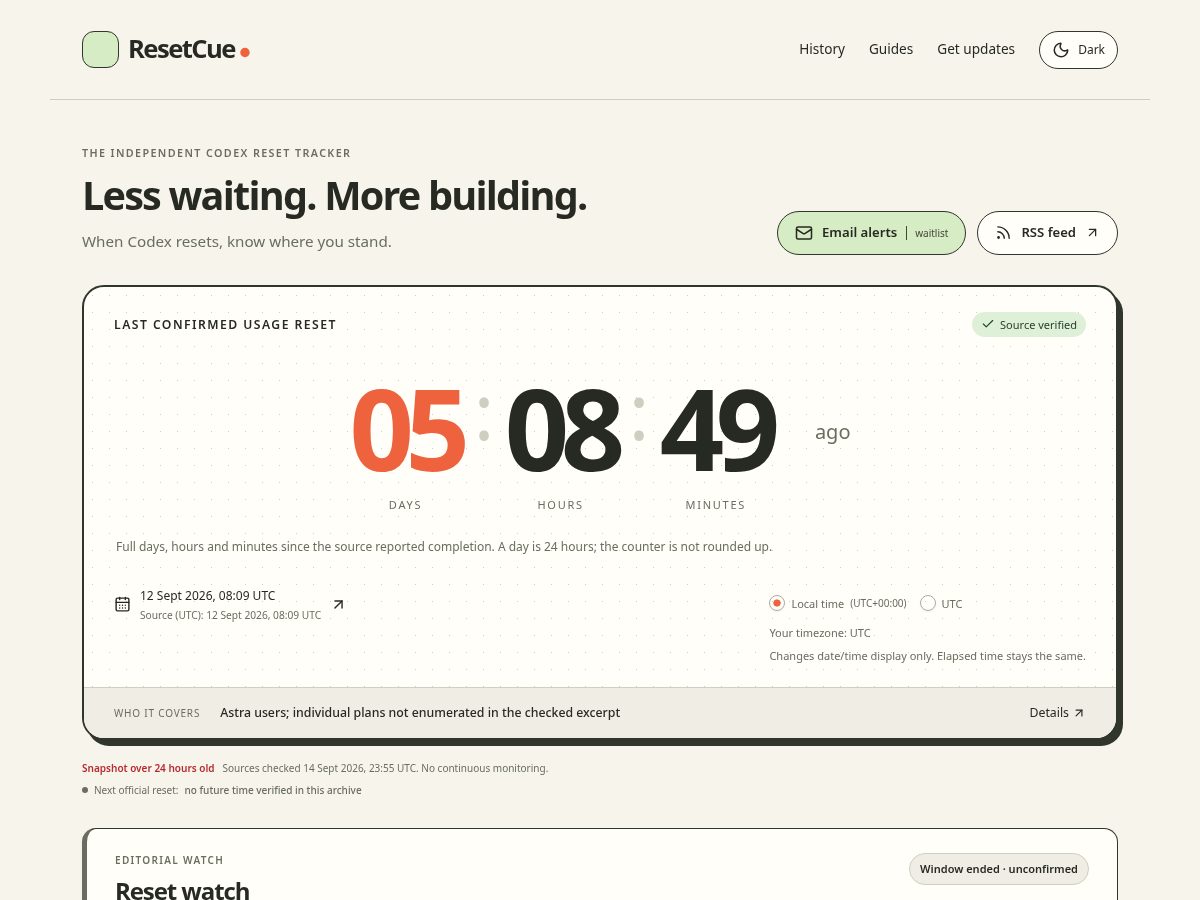 Landing-page snapshot of resetcue.com