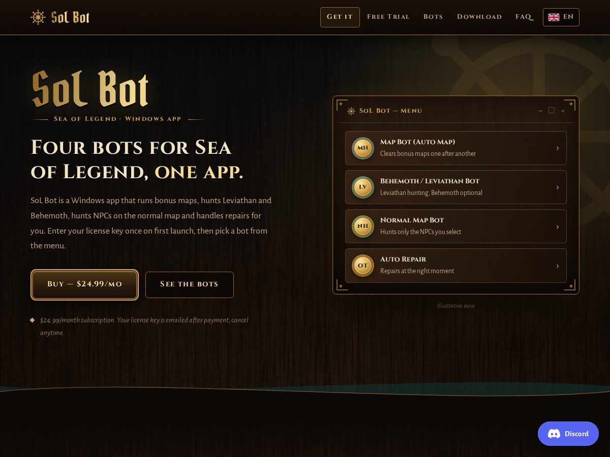 Landing-page snapshot of seaoflegendbot.store