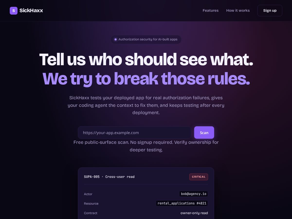 Landing-page snapshot of sickhaxx.dev