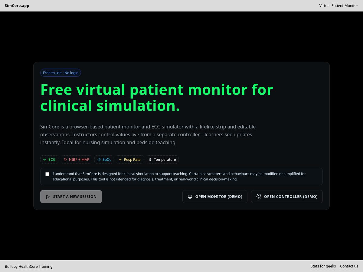 Landing-page snapshot of simcore.app