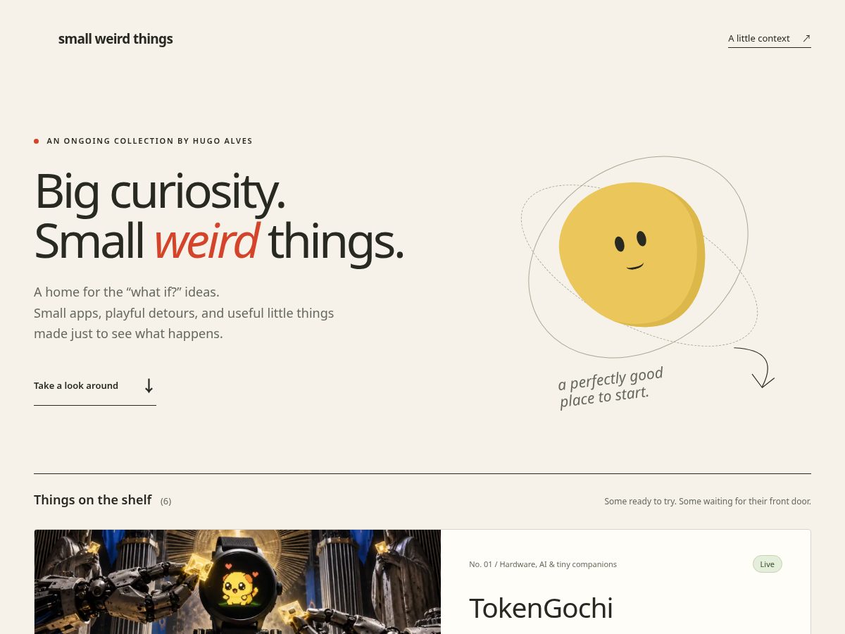Landing-page snapshot of smallweirdthings.com