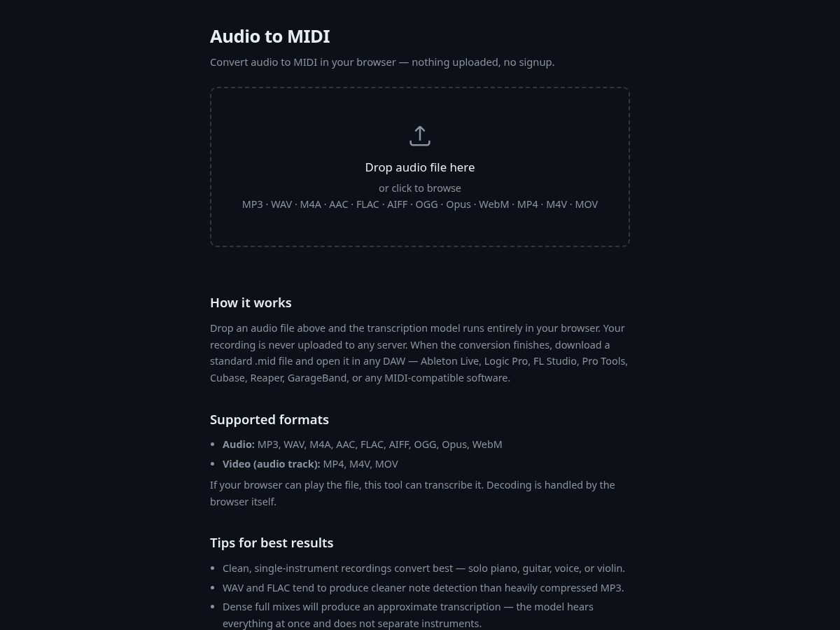 Landing-page snapshot of sound2midi.xyz