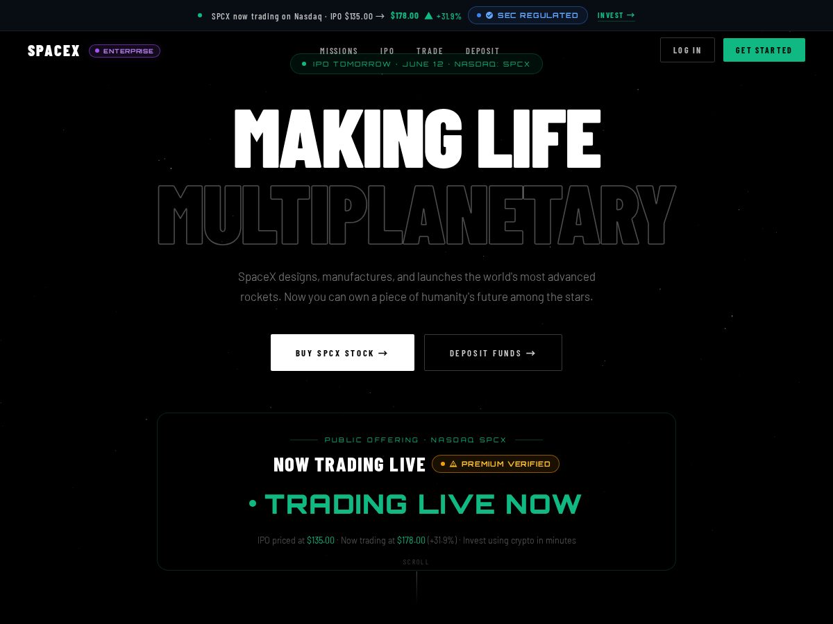 Landing-page snapshot of spacestocks.trade