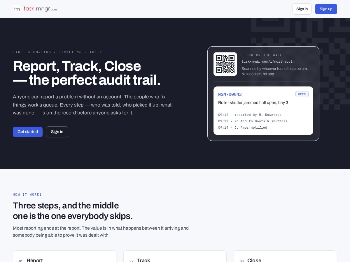 Landing-page snapshot of task-mngr.com