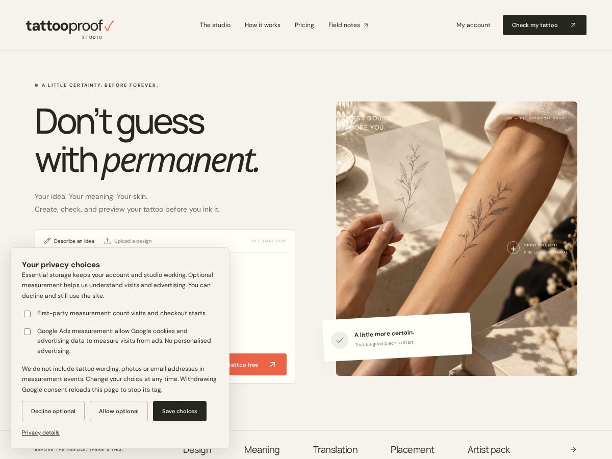 Landing-page snapshot of tattooproof-studio.com