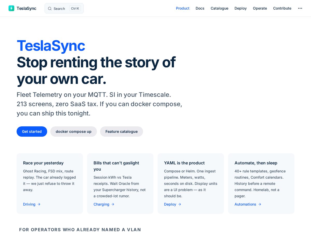 Landing-page snapshot of teslasync.dev
