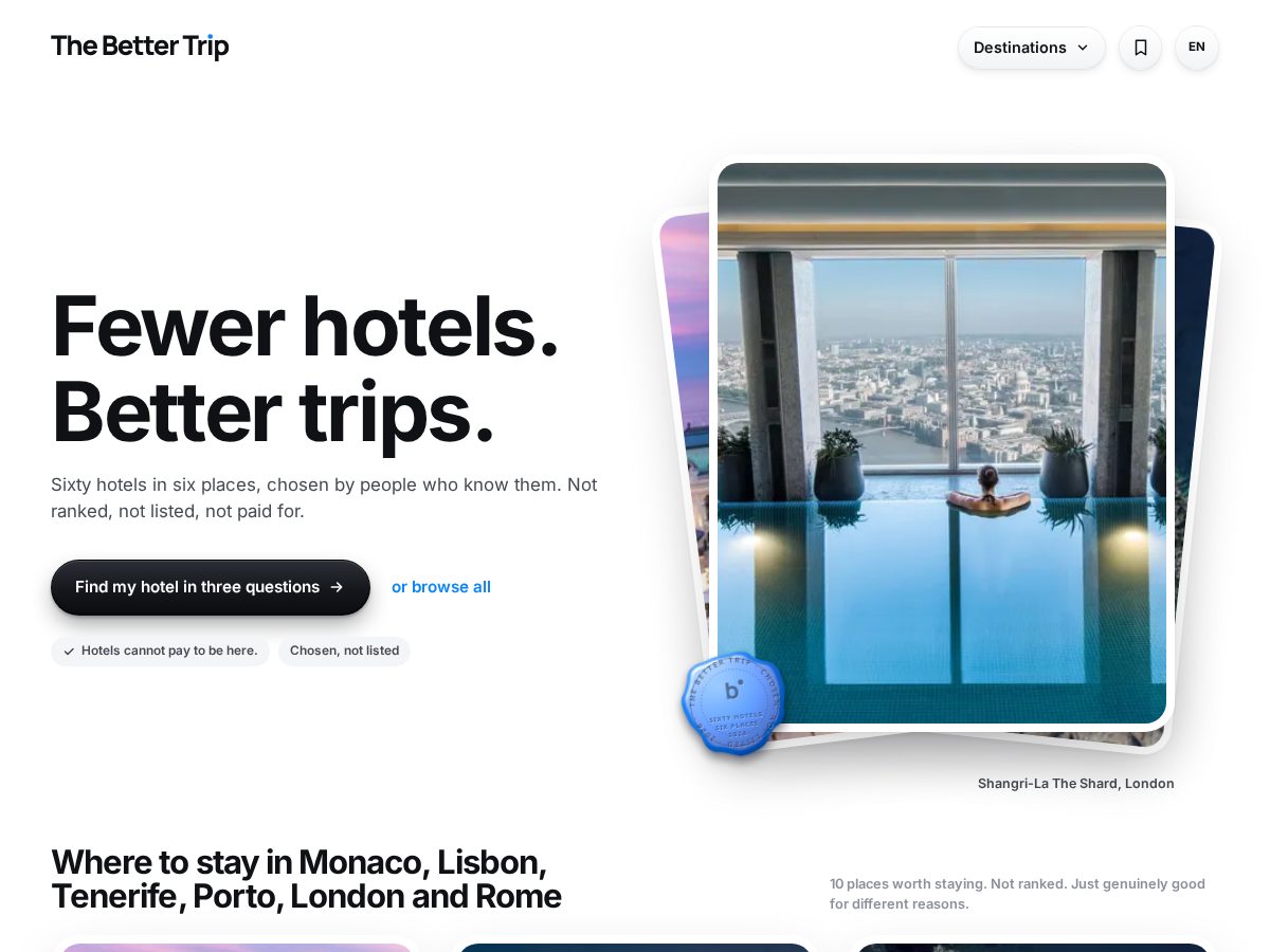 Landing-page snapshot of thebettertrip.app