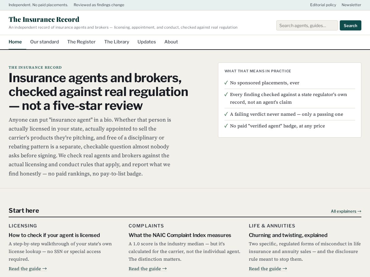 Landing-page snapshot of theinsurancerecord.org