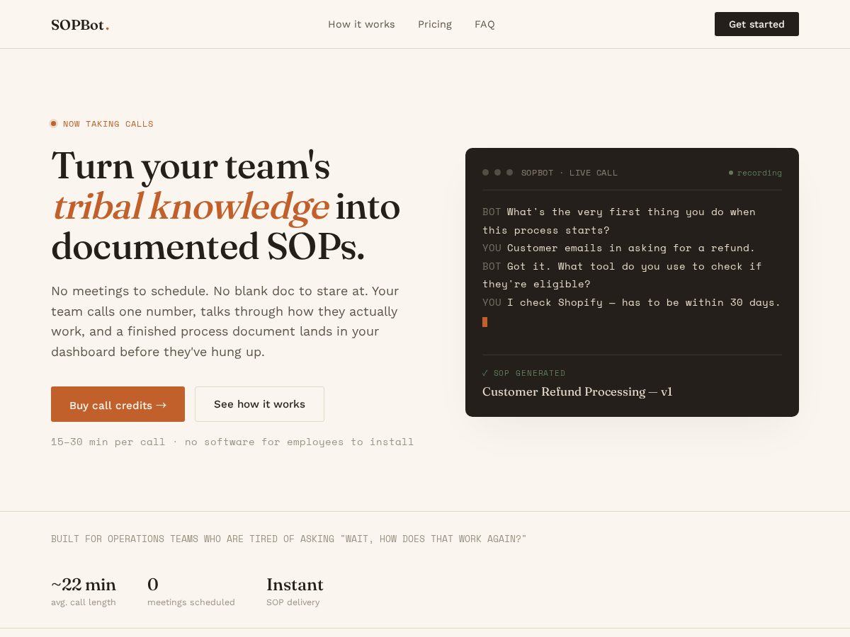Landing-page snapshot of thesopbot.com