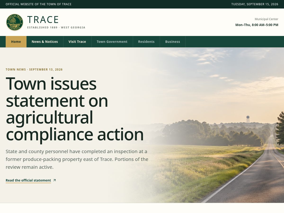 Landing-page snapshot of townoftrace.town