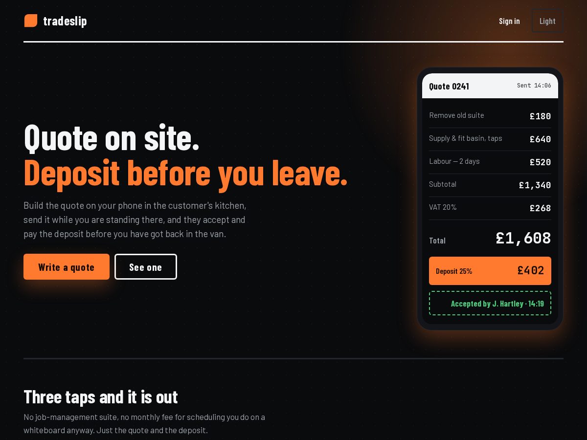 Landing-page snapshot of tradeslipapp.com