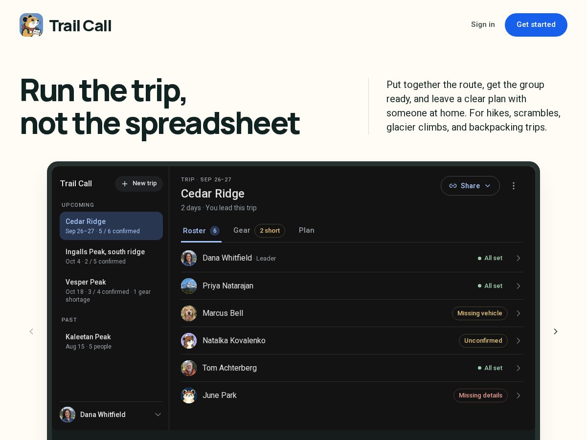 Landing-page snapshot of trailcall.app