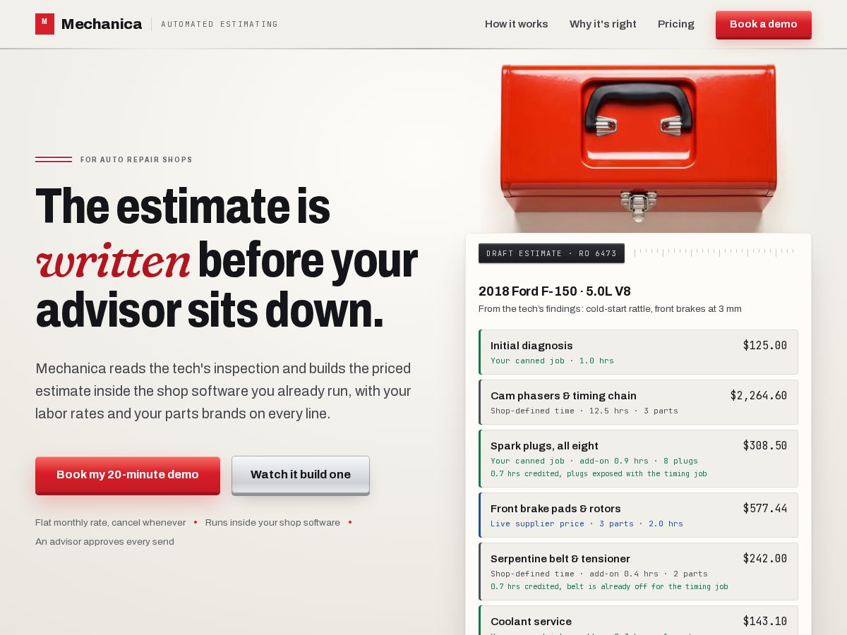Landing-page snapshot of trymechanica.com