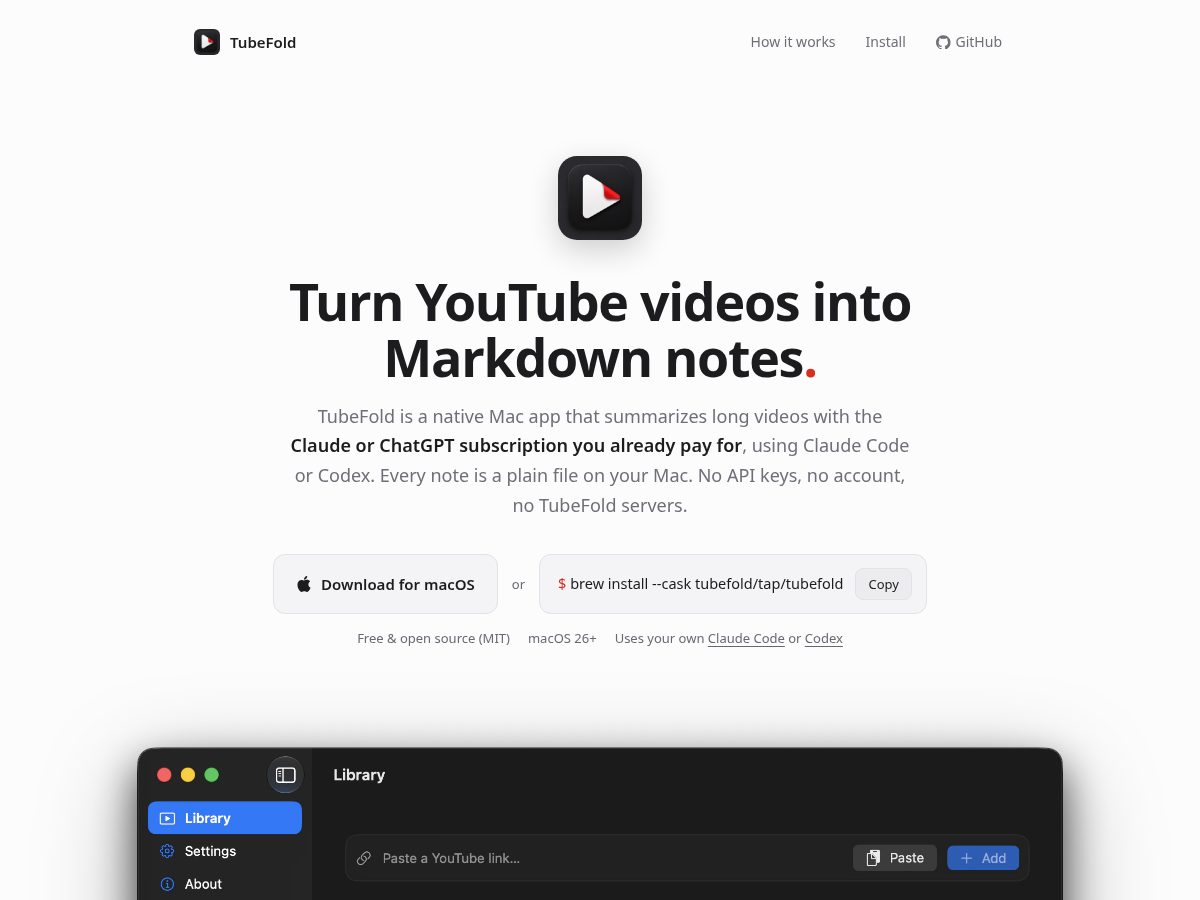 Landing-page snapshot of tubefold.app
