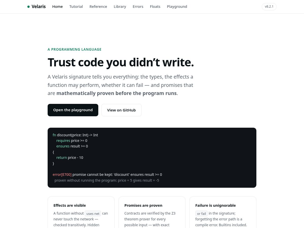 Landing-page snapshot of velaris-lang.dev