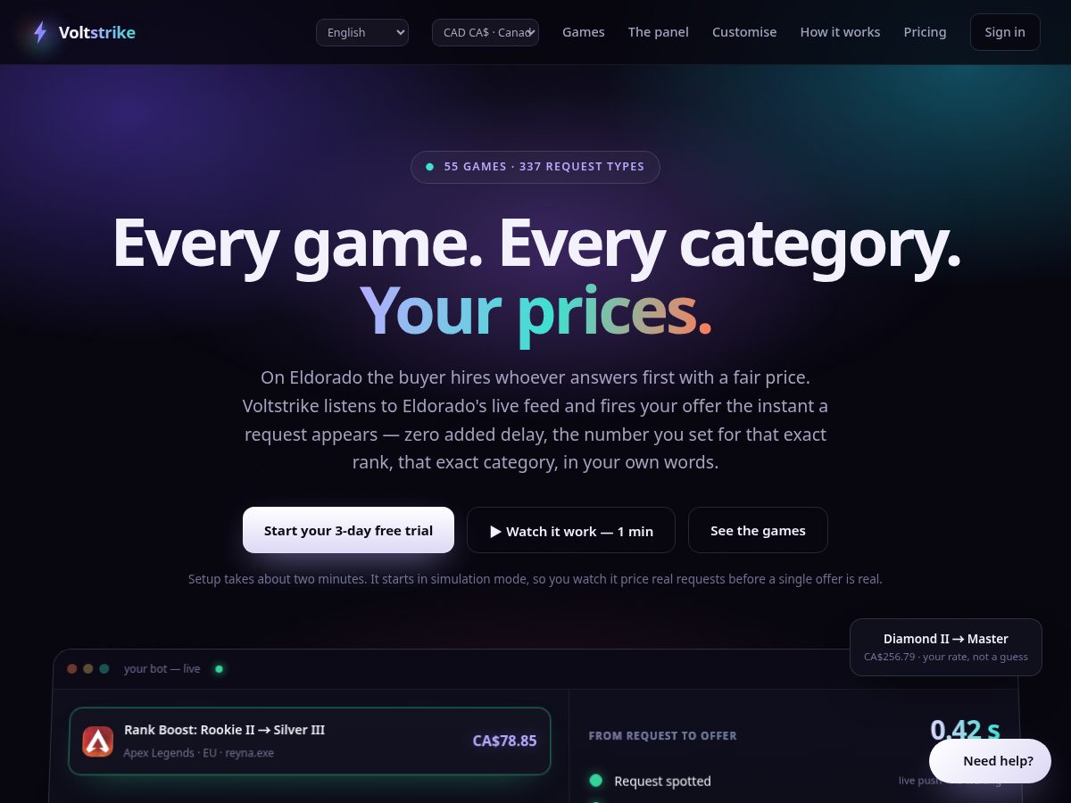 Landing-page snapshot of voltstrike.app