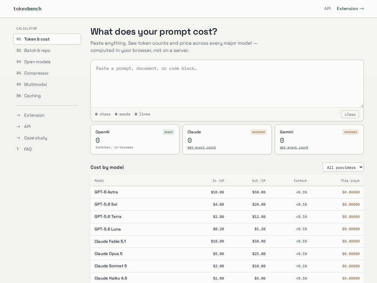Landing-page snapshot of whatdoesmypromptcost.com