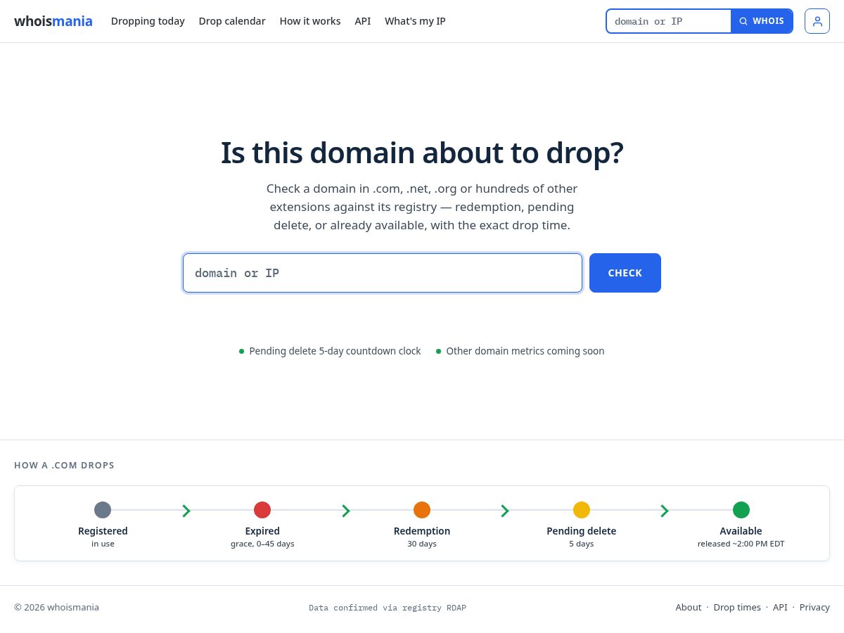 Landing-page snapshot of whoismania.com