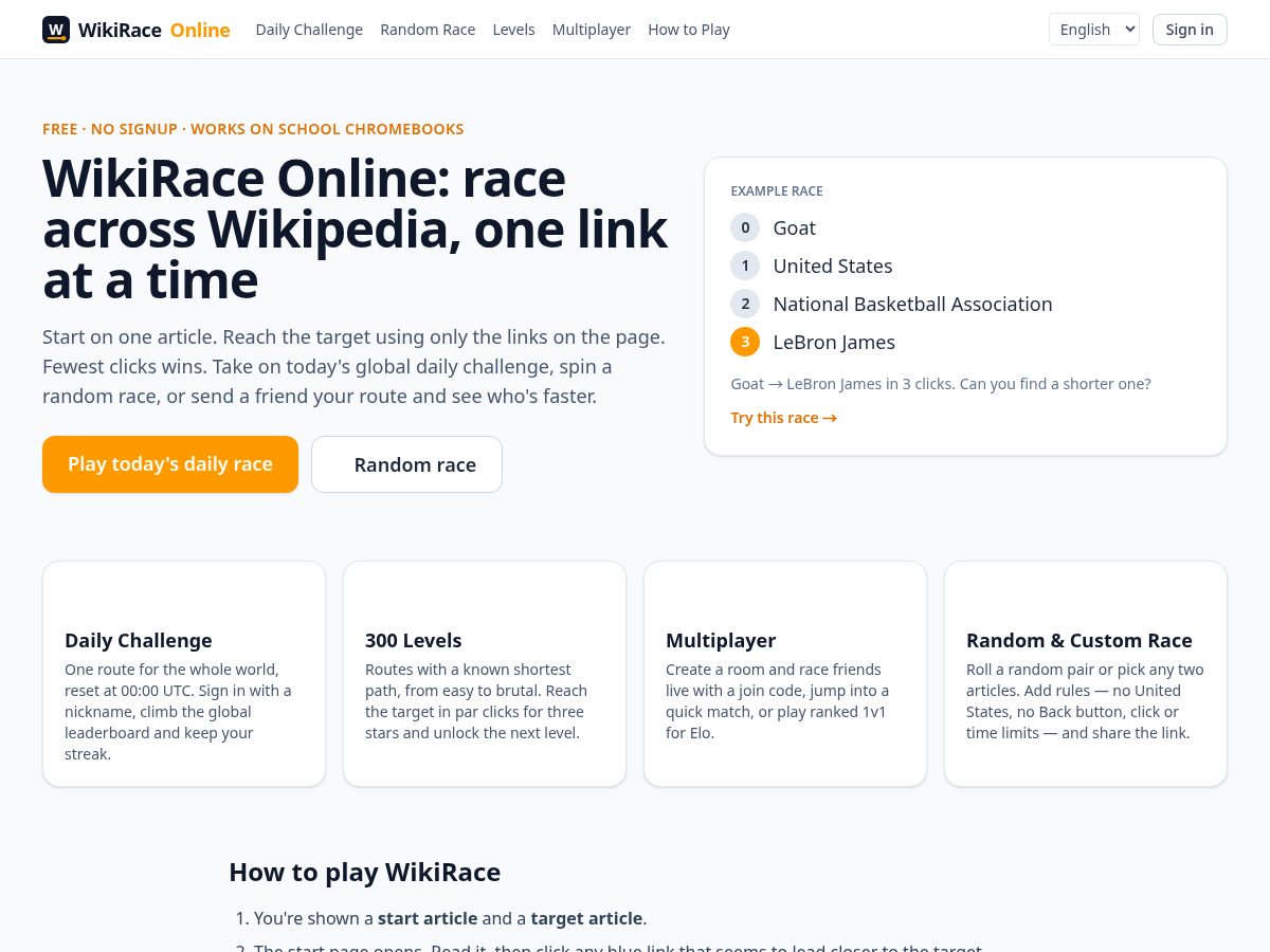 Landing-page snapshot of wikiraceonline.com