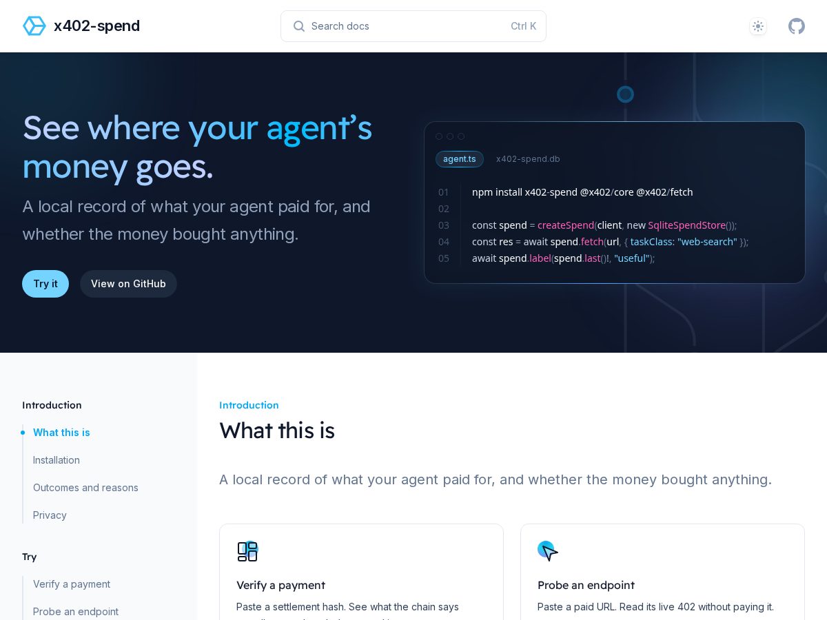 Landing-page snapshot of x402spend.com