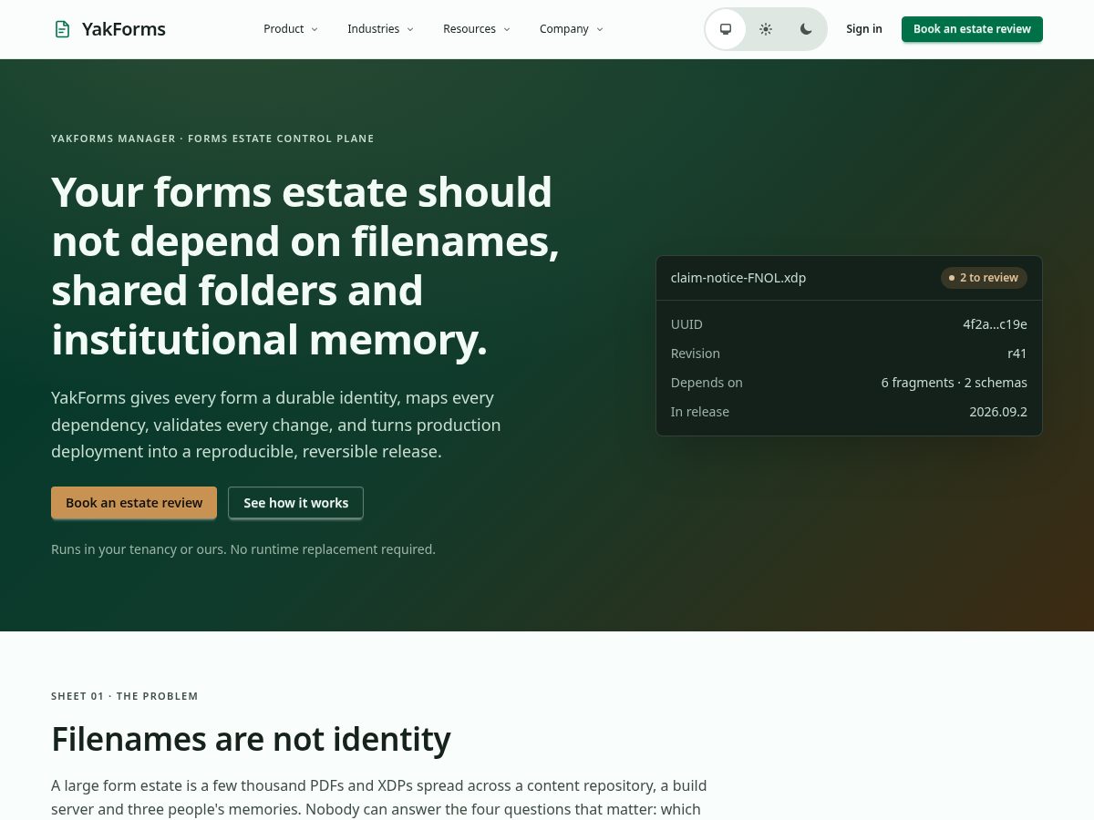 Landing-page snapshot of yakforms.com