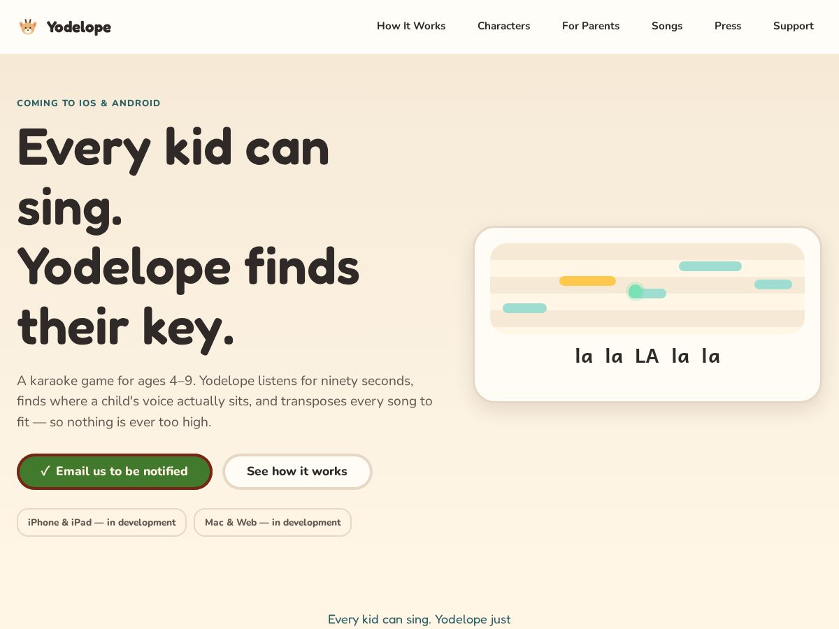 Landing-page snapshot of yodelope.app