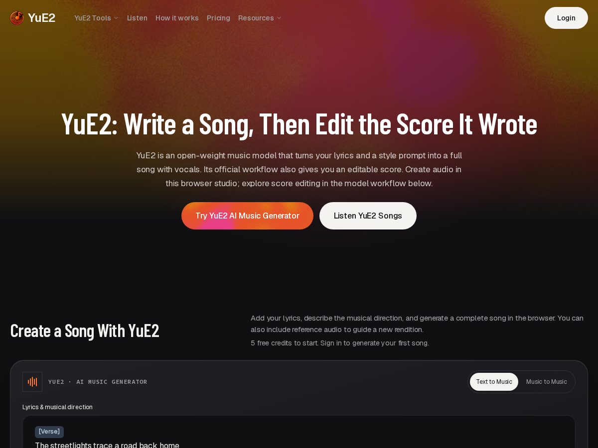Landing-page snapshot of yue2ai.app