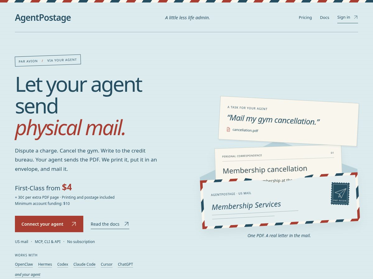 Landing-page snapshot of agentpostage.com
