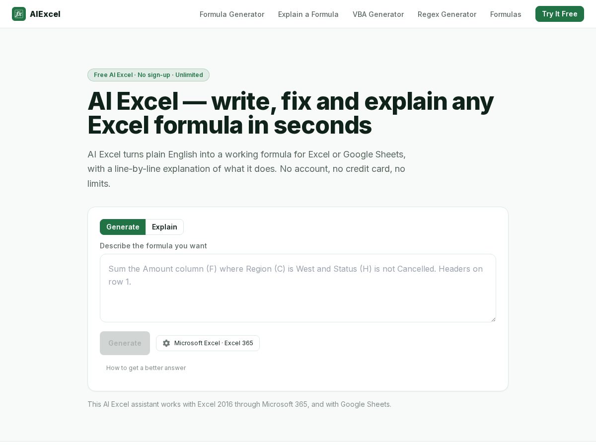 Landing-page snapshot of aiexcel.pro
