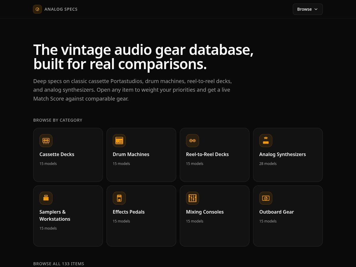 Landing-page snapshot of analogspecs.com